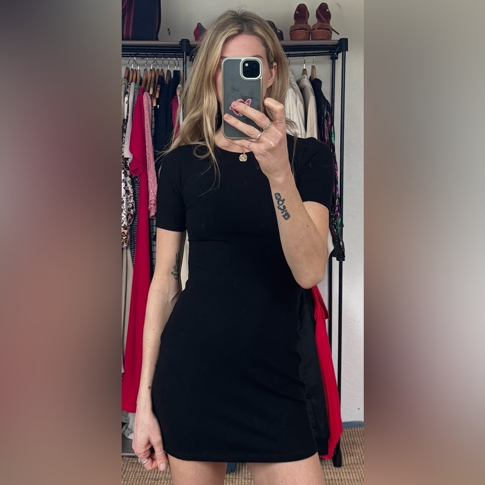Reformation Black Kennedy Ribbed Contour Bodycon Short Sleeve T Shirt Mini Dress - Picture 3 of 12